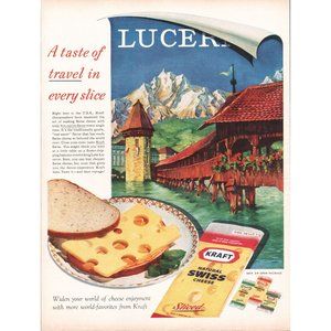 1961 Kraft Swiss Cheese Lake Lucerne Switzerland Vintage Print Ad Alps Pier Art